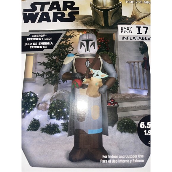 6.5' Star Wars Mandalorian with CHILD Pre Lit Christmas Yard Inflatable In Hand